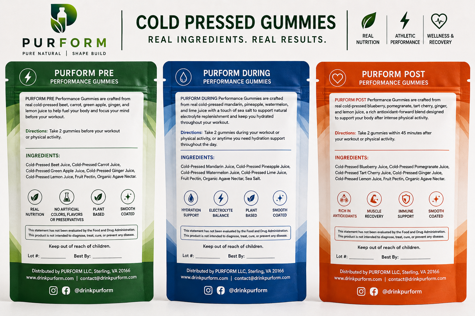 PURFORM gummy pouch back panels showing full ingredient lists